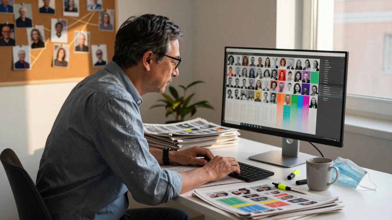 Homem sentado em escritório analisando fotografias de pessoas em monitor e impressos sobre mesa.