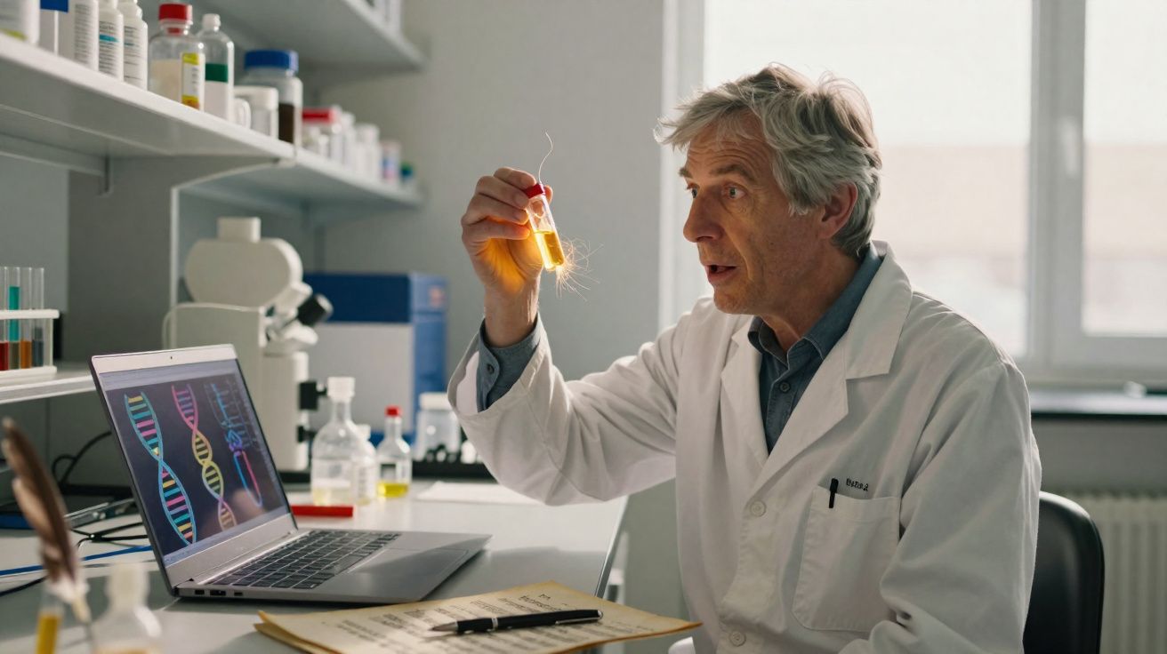 Cientista em laboratório segurando tubo de ensaio com líquido amarelo e analisando dados no computador.