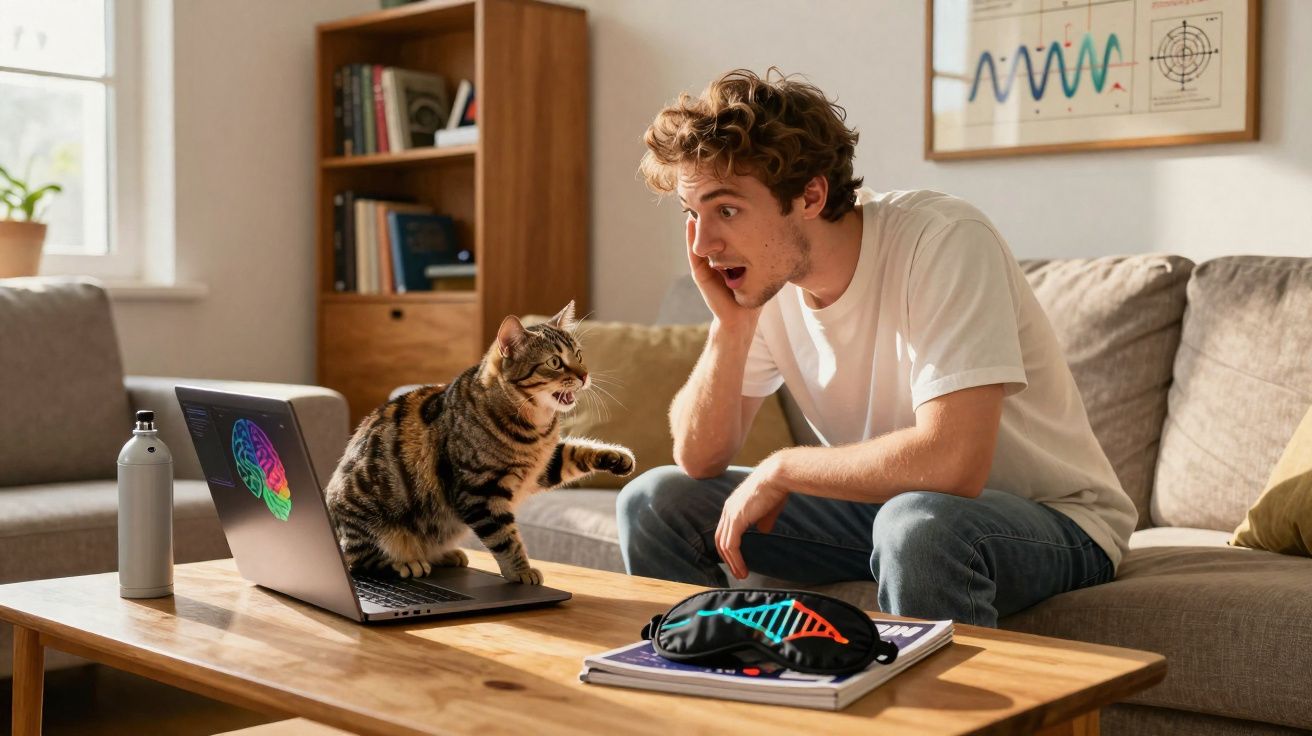 Homem surpreso interage com gato em laptop em mesa de sala de estar iluminada e aconchegante.