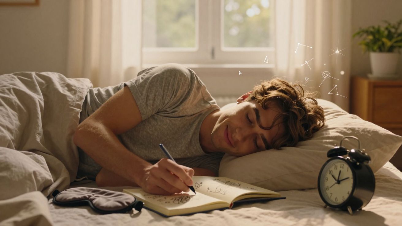 Jovem deitado na cama, escrevendo em um caderno, com despertador e máscara de dormir na cama ao lado.