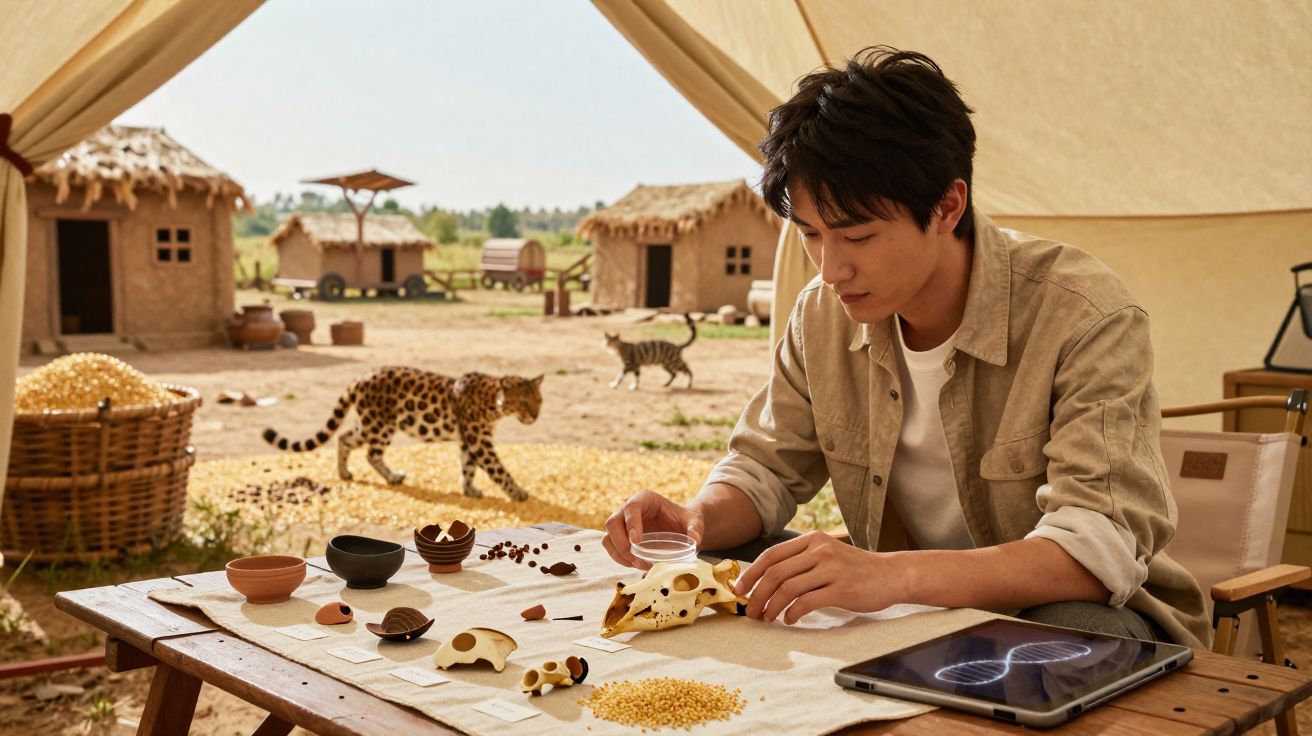 Homem analisa crânios de animais em mesa ao ar livre com aldeia ao fundo e jaguar passando próximo.