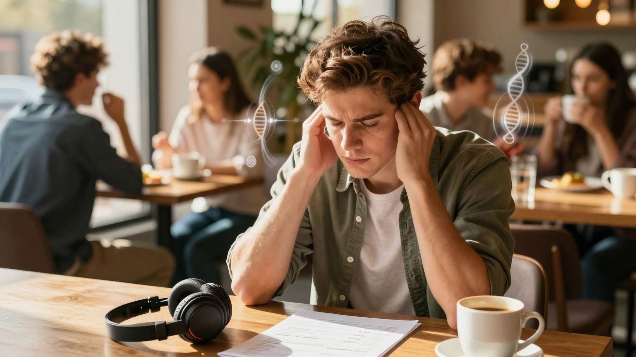 Jovem com expressão de dor segurar a cabeça sentado em café, fones e xícara na mesa, pessoas ao fundo conversando.