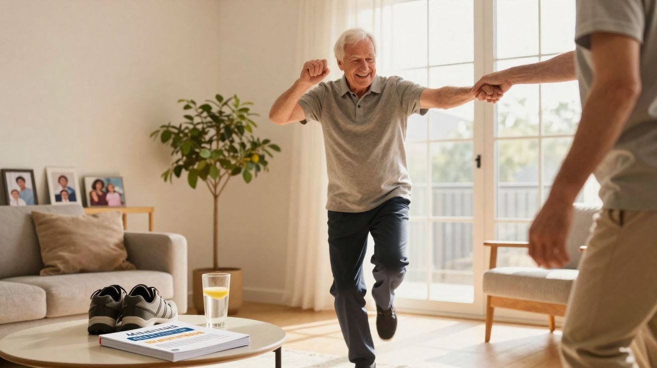 Homem idoso sorrindo dança em sala iluminada enquanto segura a mão de outra pessoa.