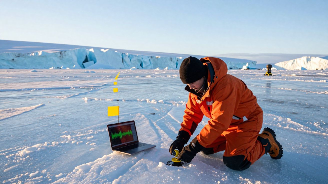 Pesquisador em roupa laranja coleta amostras no gelo, com laptop mostrando dados ao lado em ambiente polar.