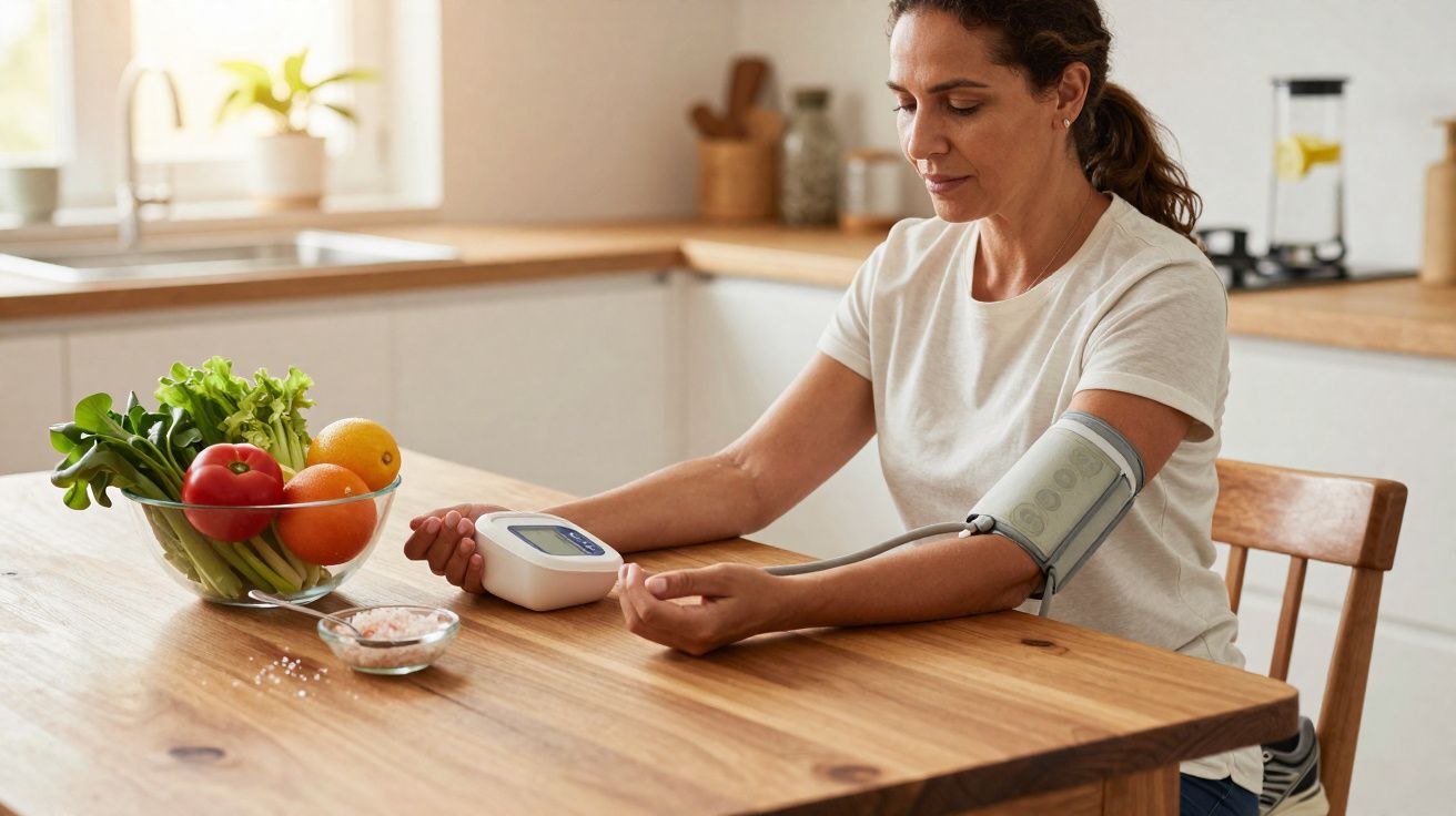 Mulher medindo a pressão arterial em casa na cozinha, com frutas e verduras na mesa.