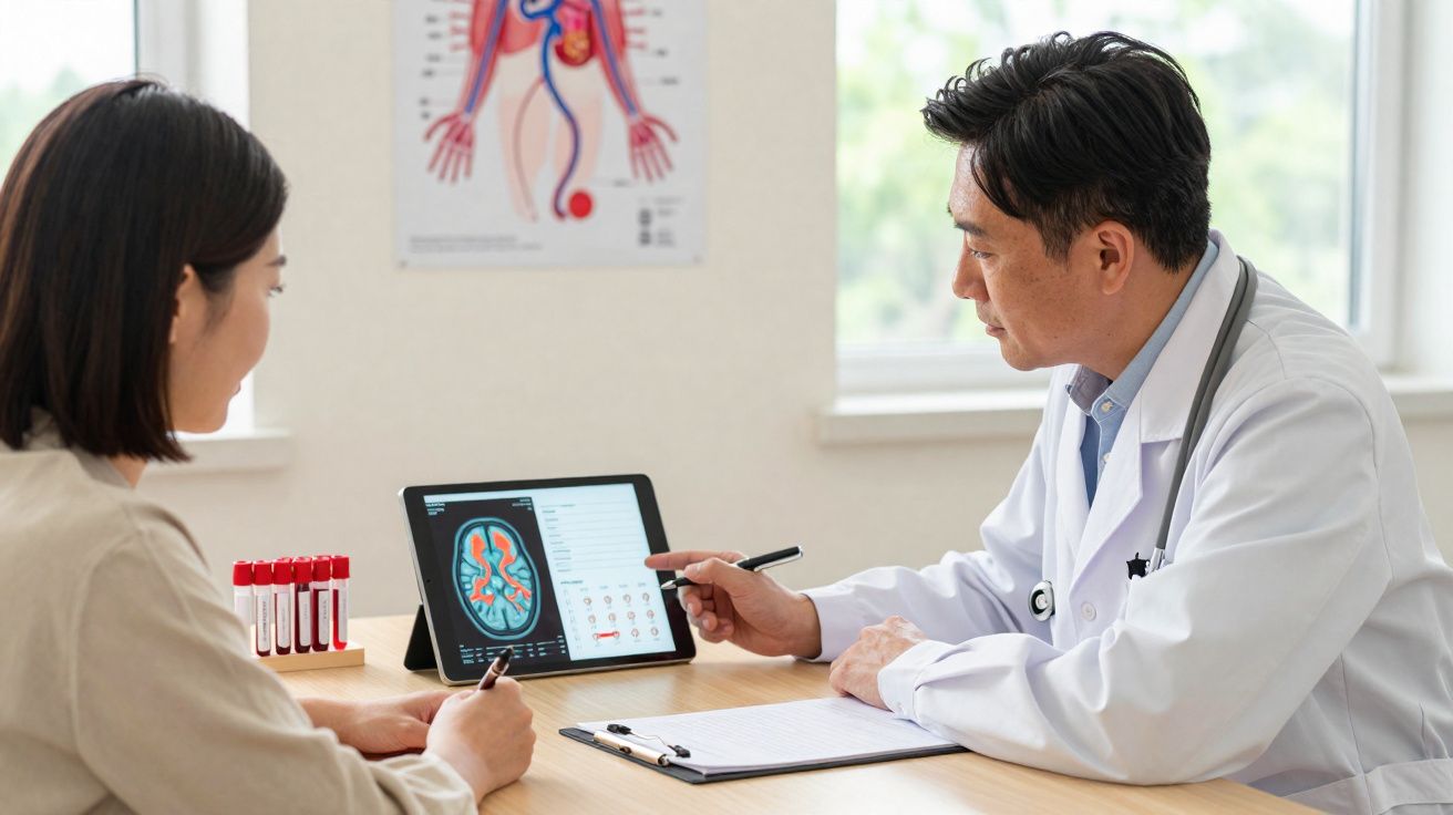 Médico mostrando exame cerebral para paciente em consulta, com tubos de sangue e modelo anatômico ao fundo.