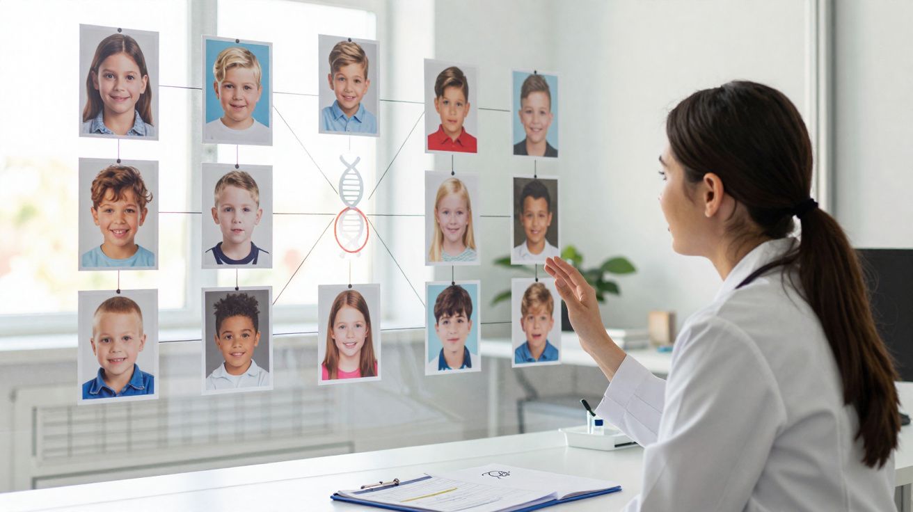 Mulher em jaleco analisa árvore genealógica com fotos de crianças em vidro transparente.