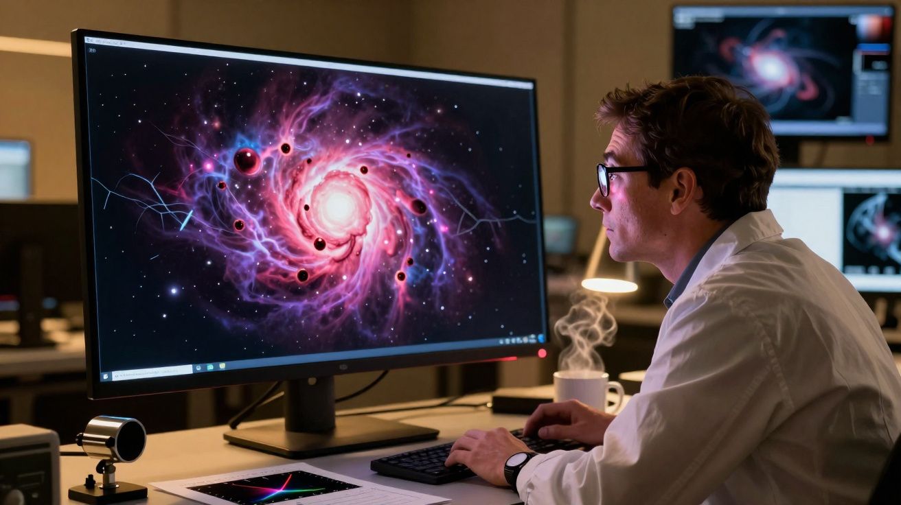 Homem com jaleco observando imagem de galáxia espiral brilhante em monitor grande no laboratório.