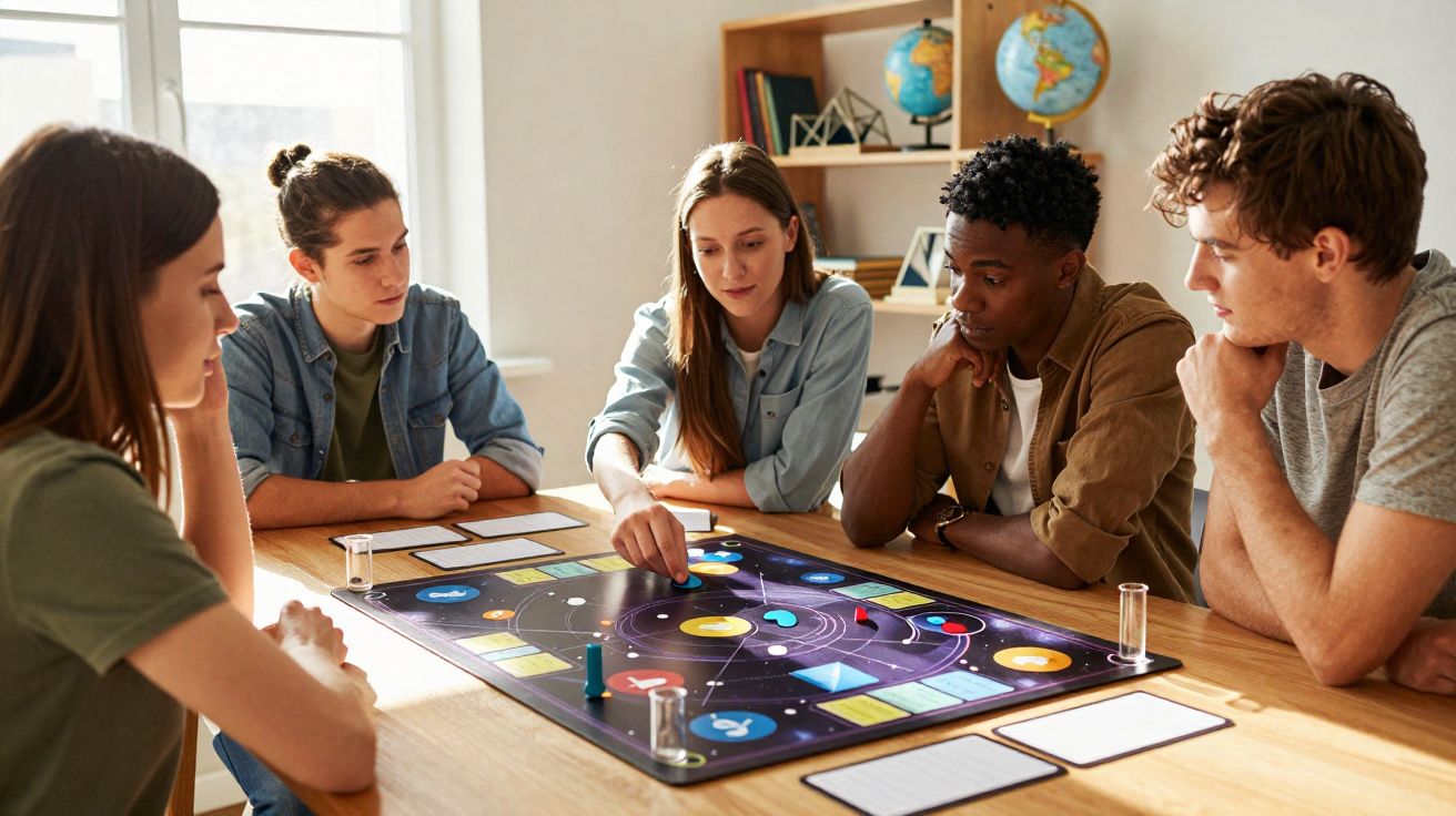 Grupo de jovens jogando jogo de tabuleiro com tema do sistema solar em mesa de madeira.