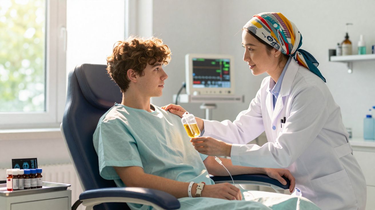 Enfermeira conversando com paciente jovem durante tratamento intravenoso em clínica hospitalar iluminada.