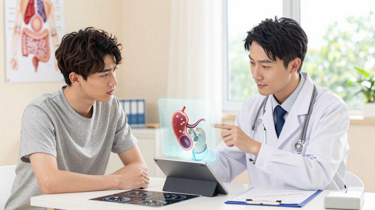 Médico explicando diagnóstico de estômago a paciente jovem em consultório com imagem holográfica.