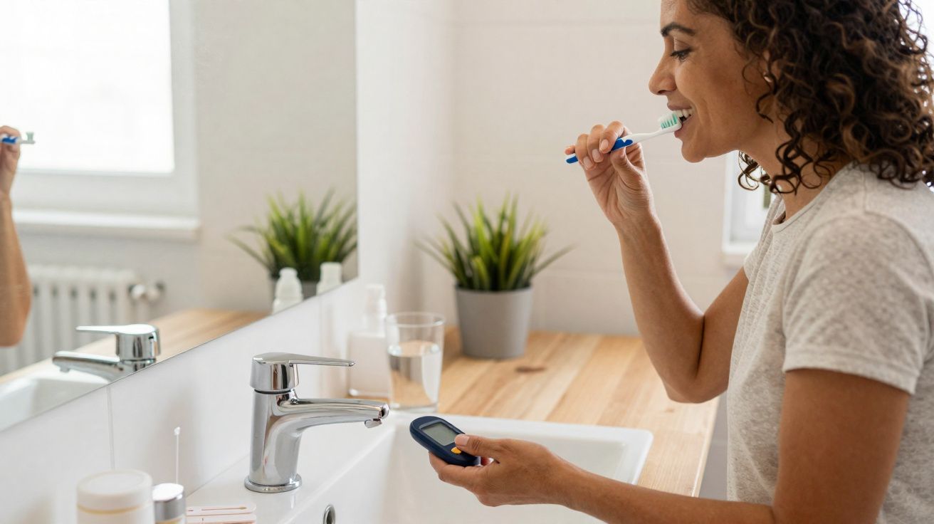 Mulher escovando os dentes e segurando aparelho para medir glicose em banheiro.