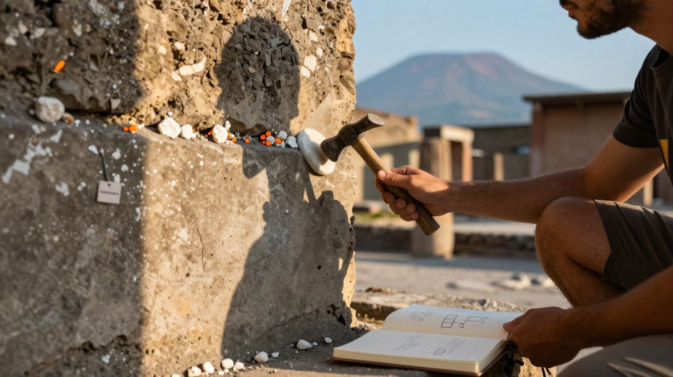 Pessoa usando martelo para retirar fragmentos de parede antiga enquanto consulta caderno aberto no chão.