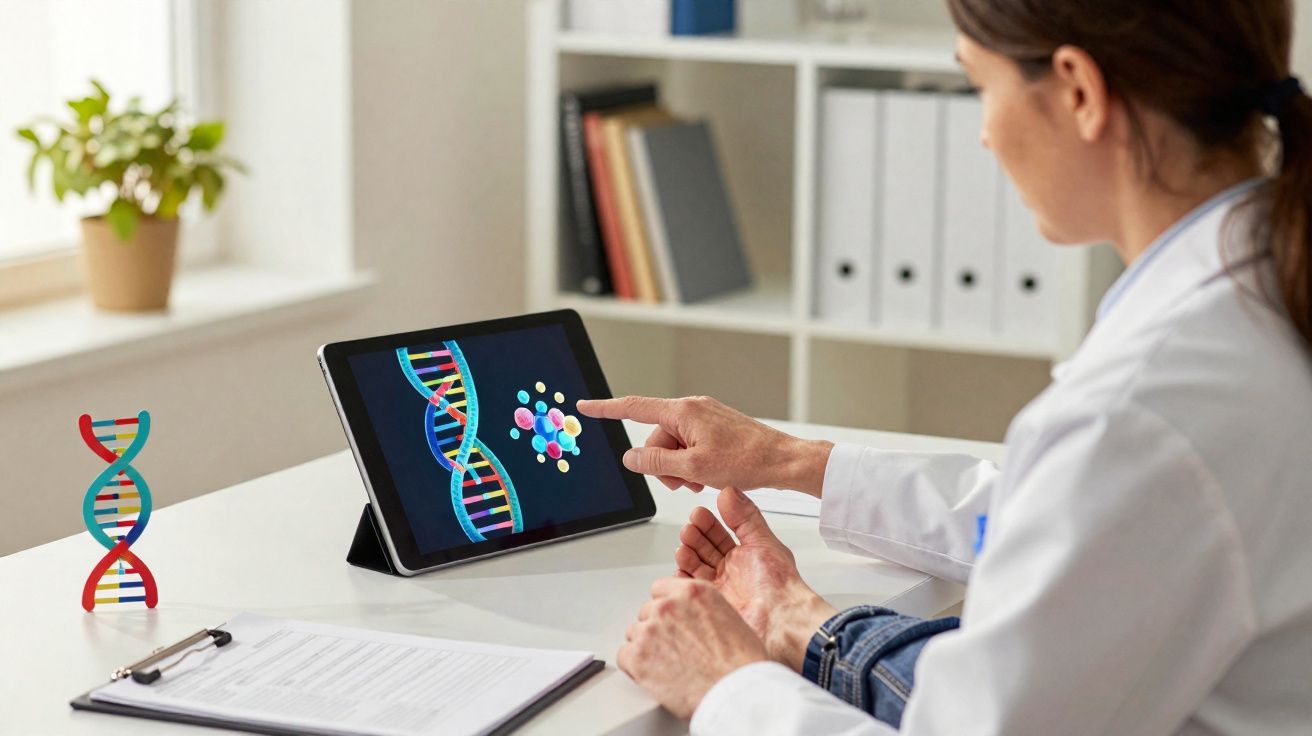 Profissional da saúde explicando estrutura de DNA em tablet para paciente em consultório.