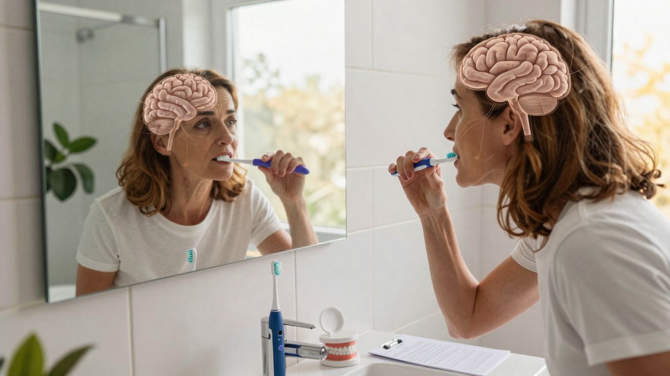 Mulher escovando os dentes em frente ao espelho com ilustração do cérebro destacada na cabeça.