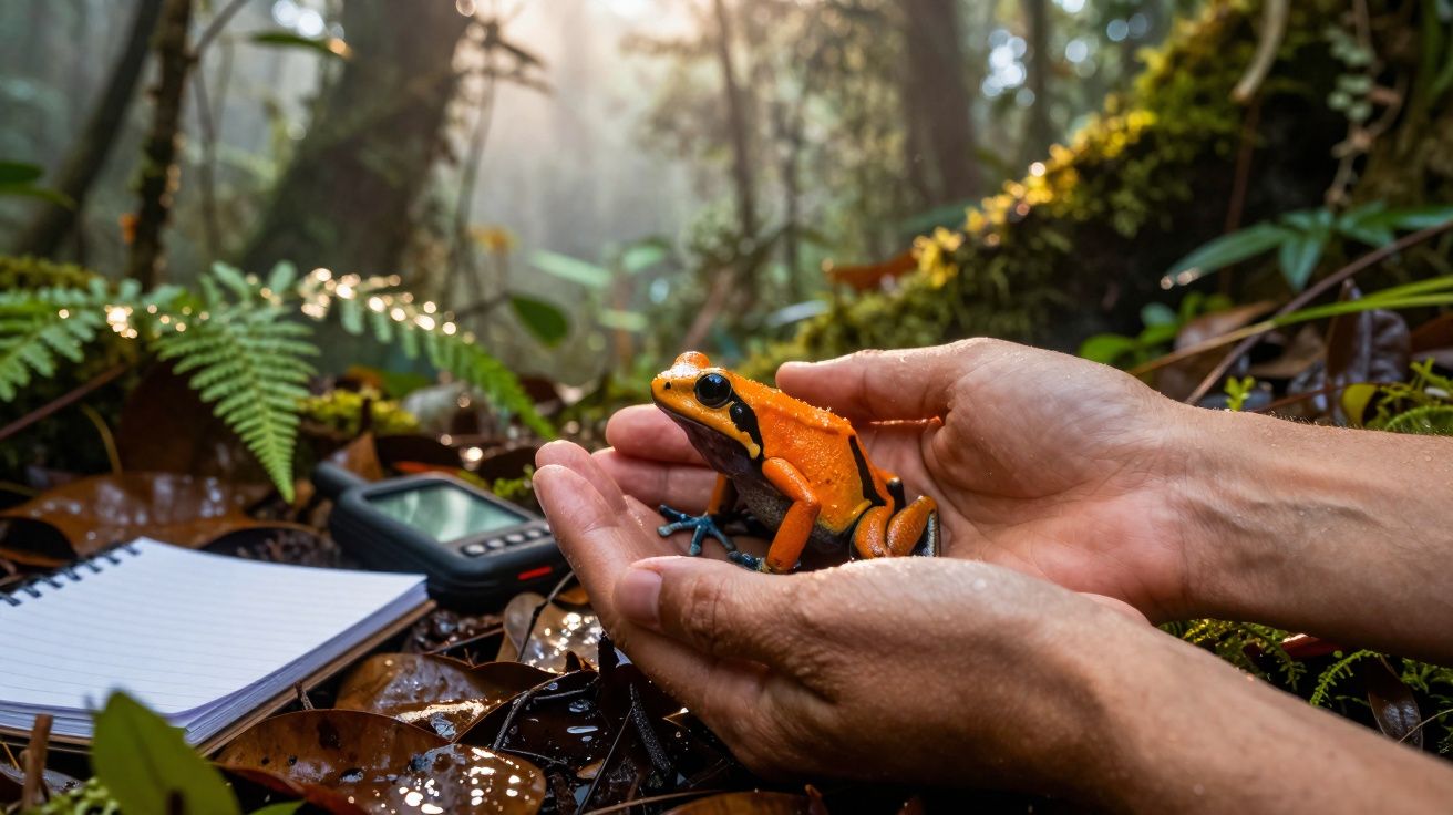 Mãos seguram um sapo venenoso laranja com preto na mata úmida com folhas e vegetação.