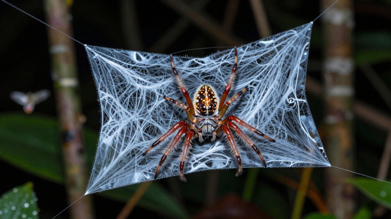 Aranha marrom com padrão branco em teia triangular detalhada à noite em ambiente natural.