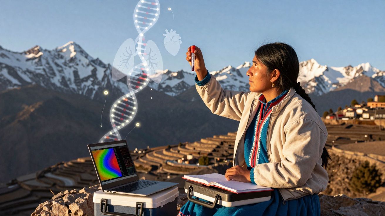 Mulher indígena analisa amostra em tubo de ensaio ao ar livre, com laptop e montanhas ao fundo.