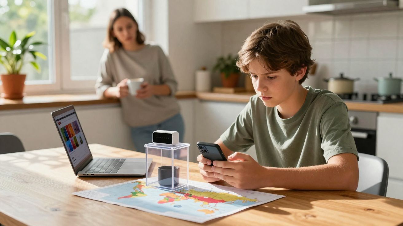 Menino usando celular em mesa com mapa, laptop e dispositivo eletrônico, enquanto mulher observa ao fundo na cozinha.