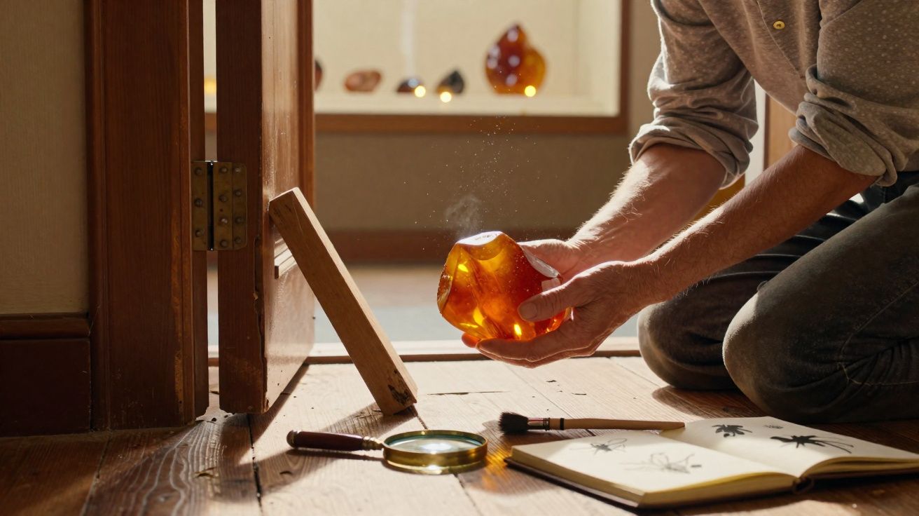 Pessoa segurando âmbar com ferramentas de estudo e livro aberto com desenhos de insetos no chão de madeira.