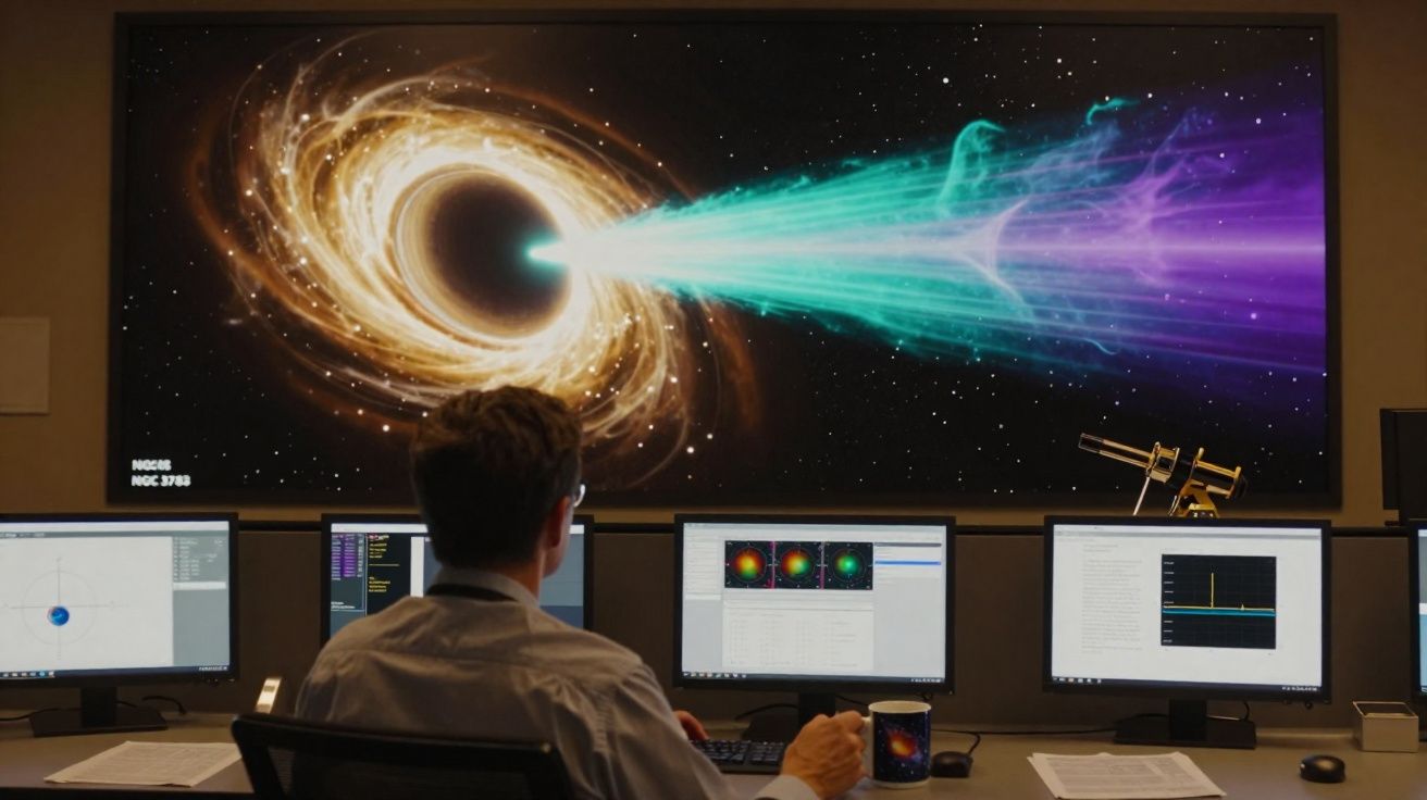 Homem sentado em frente a quatro monitores observa imagem de buraco negro com jato de energia em painel grande.