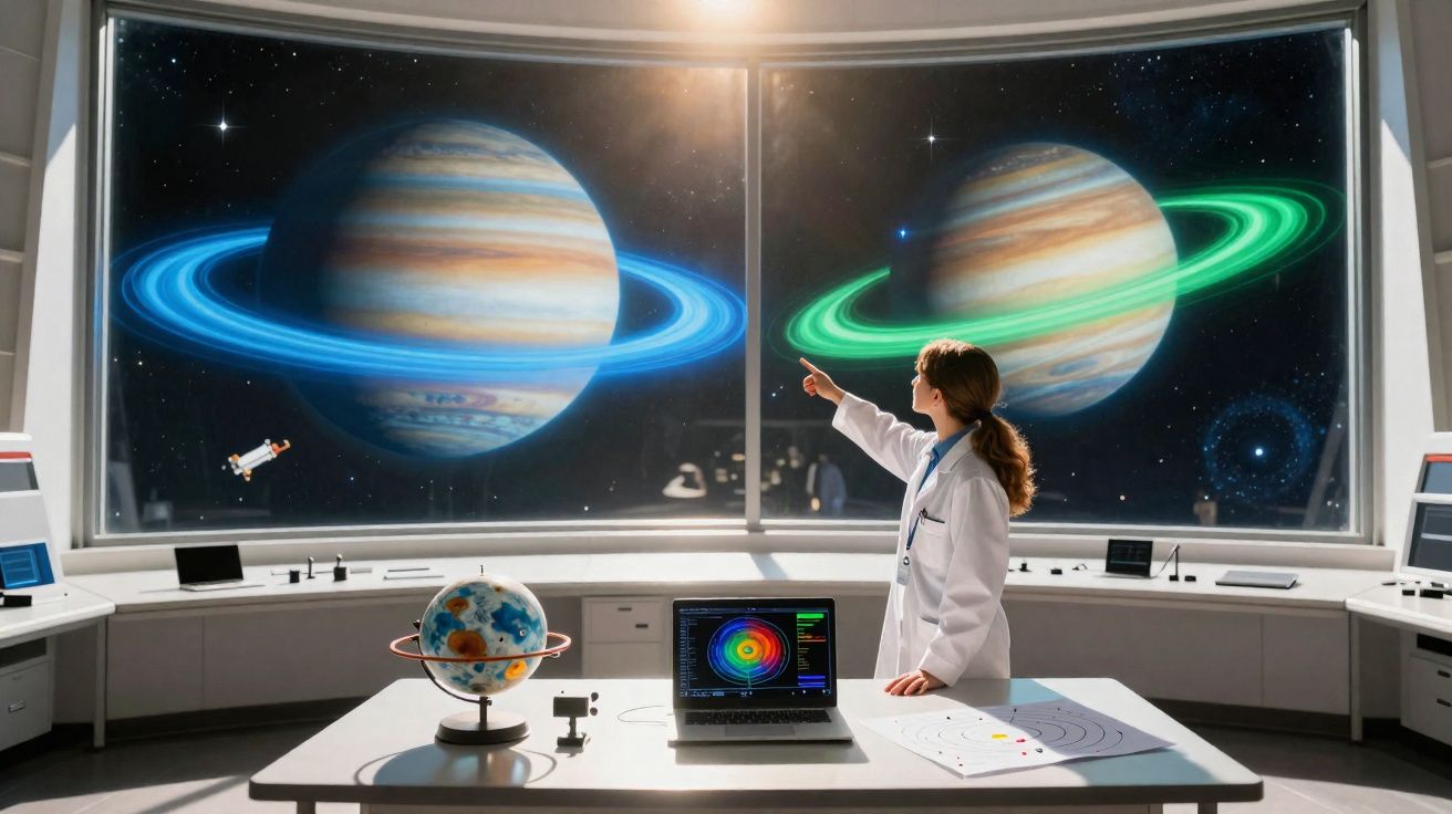 Mulher cientista em laboratório apontando para planetas com anéis vistos por janela grande.