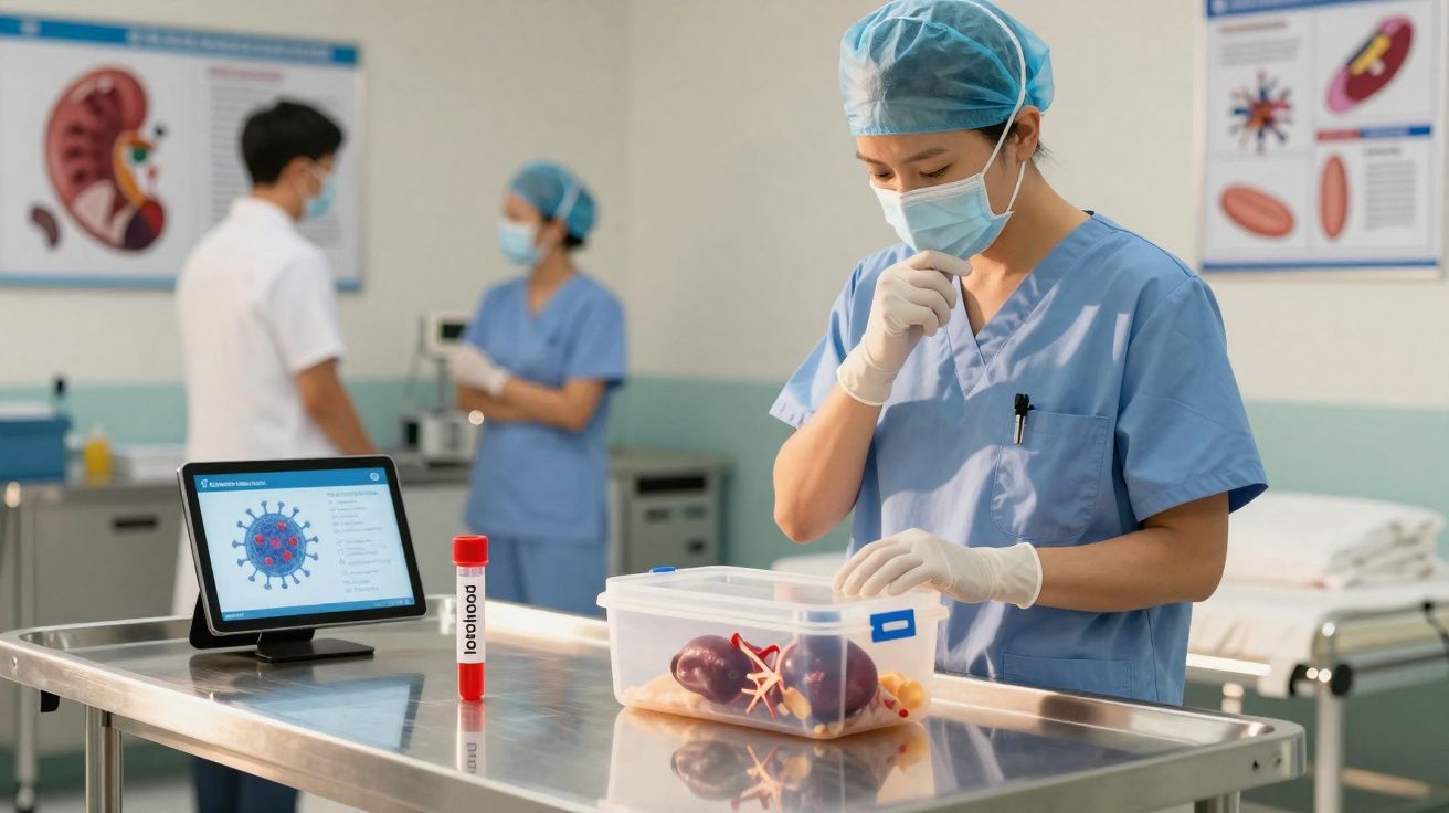Profissional de saúde analisando modelo anatômico de órgão em laboratório com equipe e gráficos ao fundo.