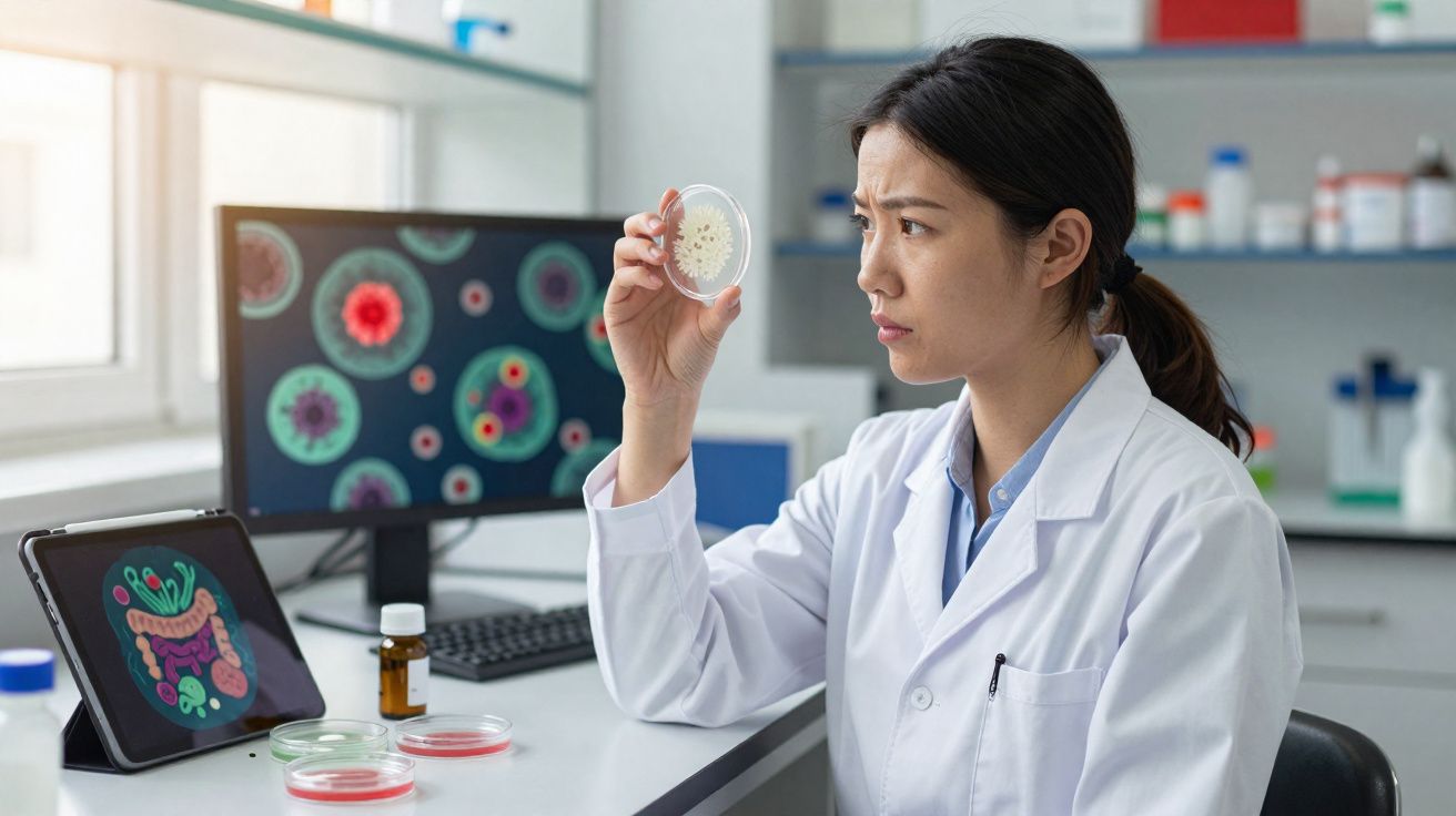 Cientista analisando placa de Petri com culturas bacterianas em laboratório moderno.