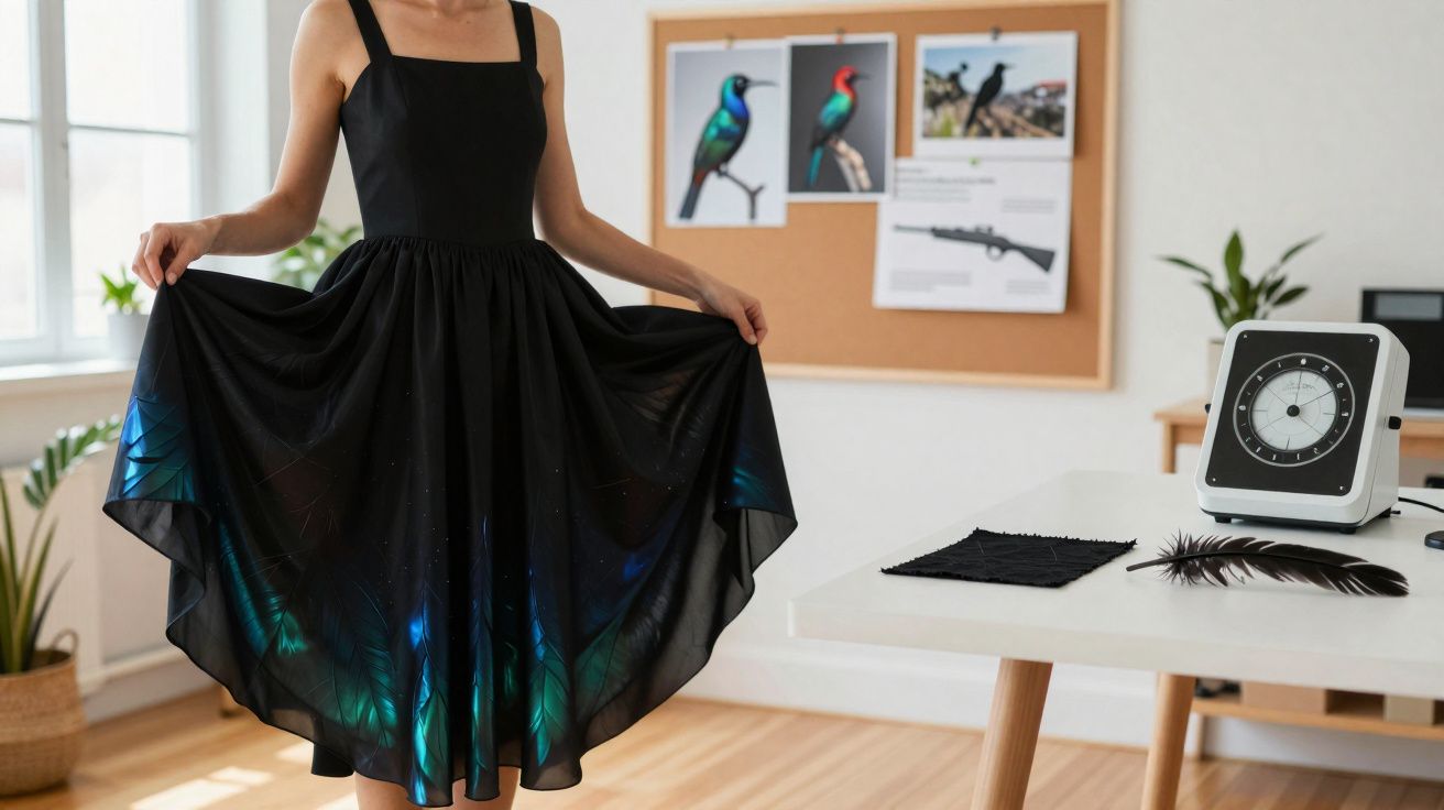 Mulher segura vestido preto com detalhes coloridos em estúdio iluminado, quadro com fotos de aves ao fundo.