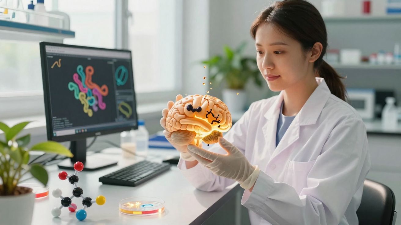 Cientista em laboratório segurando modelo 3D do cérebro com ilustrações de conexões neurais digitais.