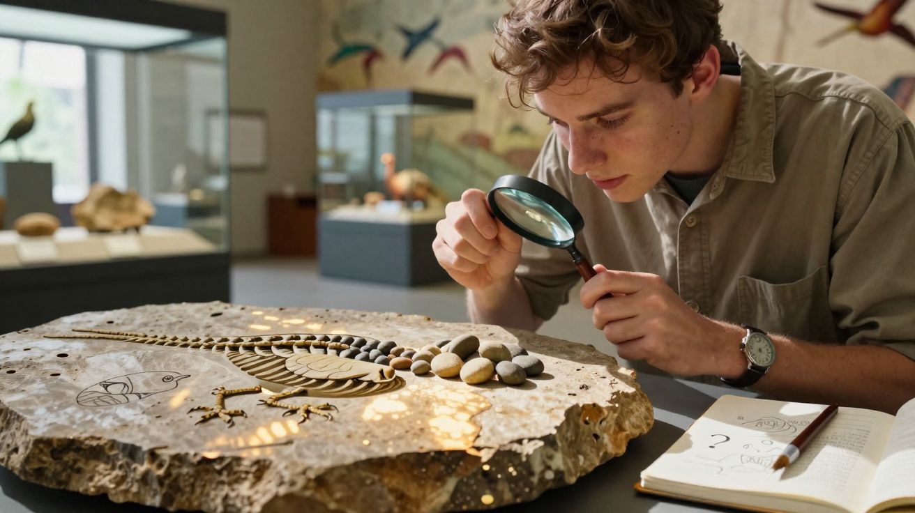 Jovem examinando fóssil com lupa em museu, ao lado de caderno aberto com anotações.