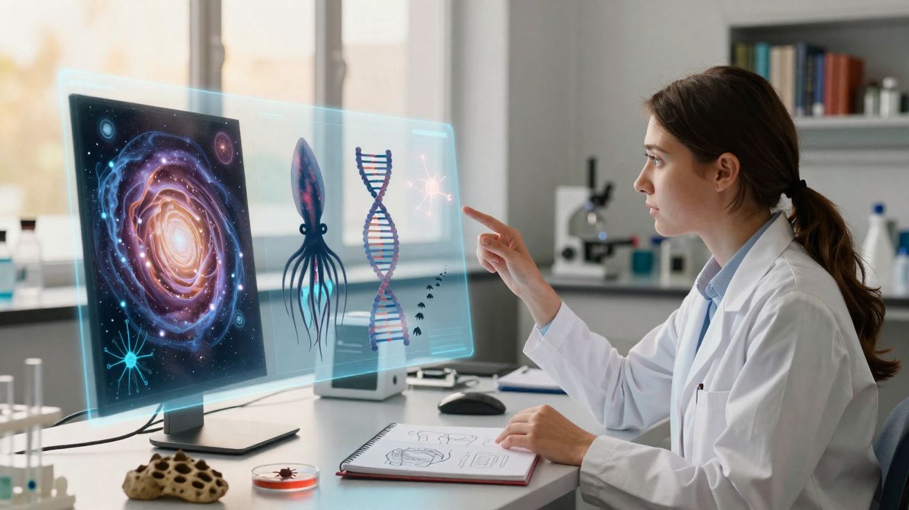 Cientista mulher em laboratório interagindo com projeções holográficas de galáxia, DNA e polvo.