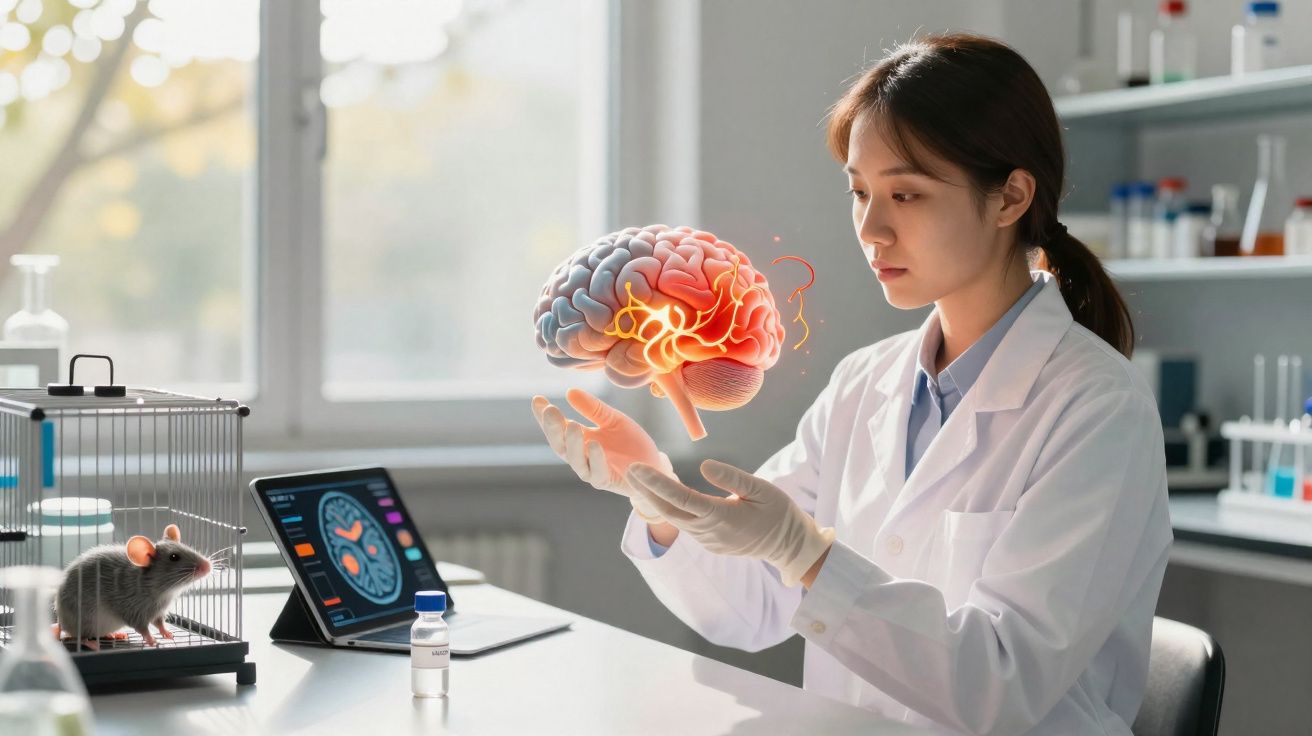 Cientista mulher em laboratório usando luvas observa holograma de cérebro com área vermelha e ratinho em gaiola.