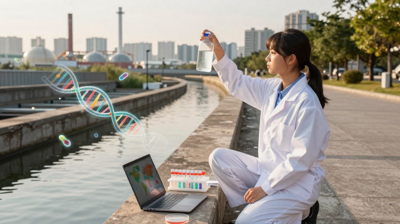 Cientista em jaleco analisando amostra de água ao ar livre com laptop e tubos de ensaio ao lado.