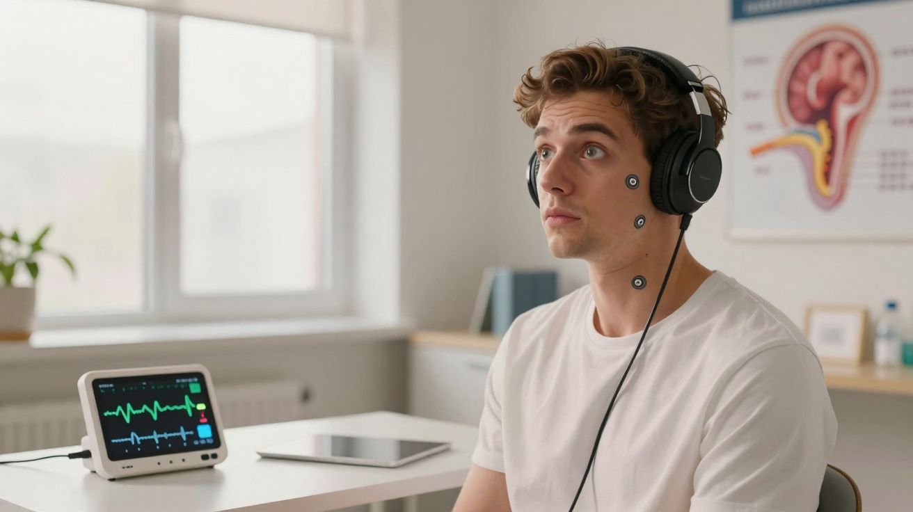 Homem com sensores no rosto usando fones em exame médico, com monitor cardíaco ao lado em ambiente clínico.