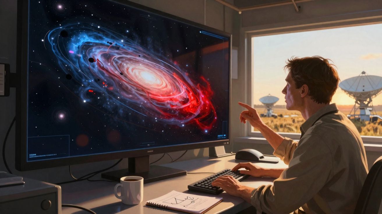 Homem em escritório analisando imagem colorida de galáxia na tela com antenas parabólicas ao fundo.