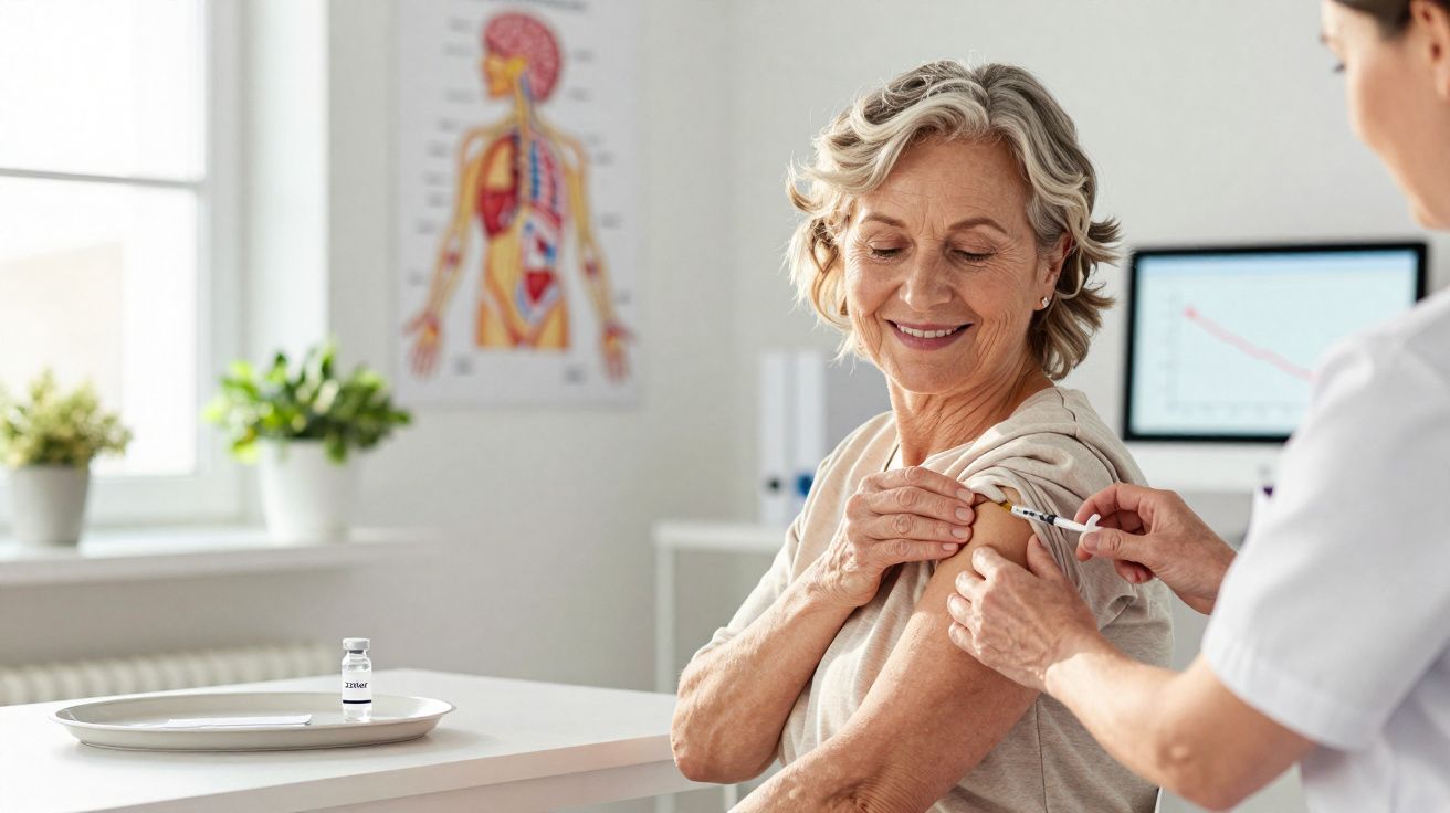 Idosa sorridente recebendo vacina no braço de profissional de saúde em clínica iluminada.