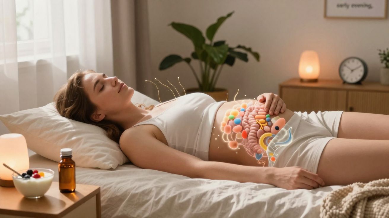 Mulher deitada em cama clara com ilustração digital dos intestinos no abdômen, em ambiente aconchegante.