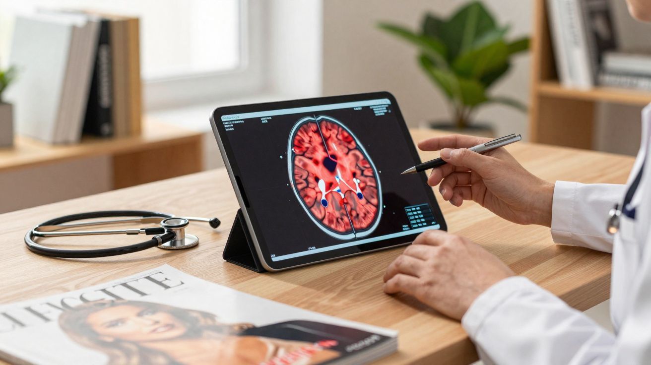 Médico apontando com caneta para imagem digital de cérebro em tablet sobre mesa com estetoscópio e revista.