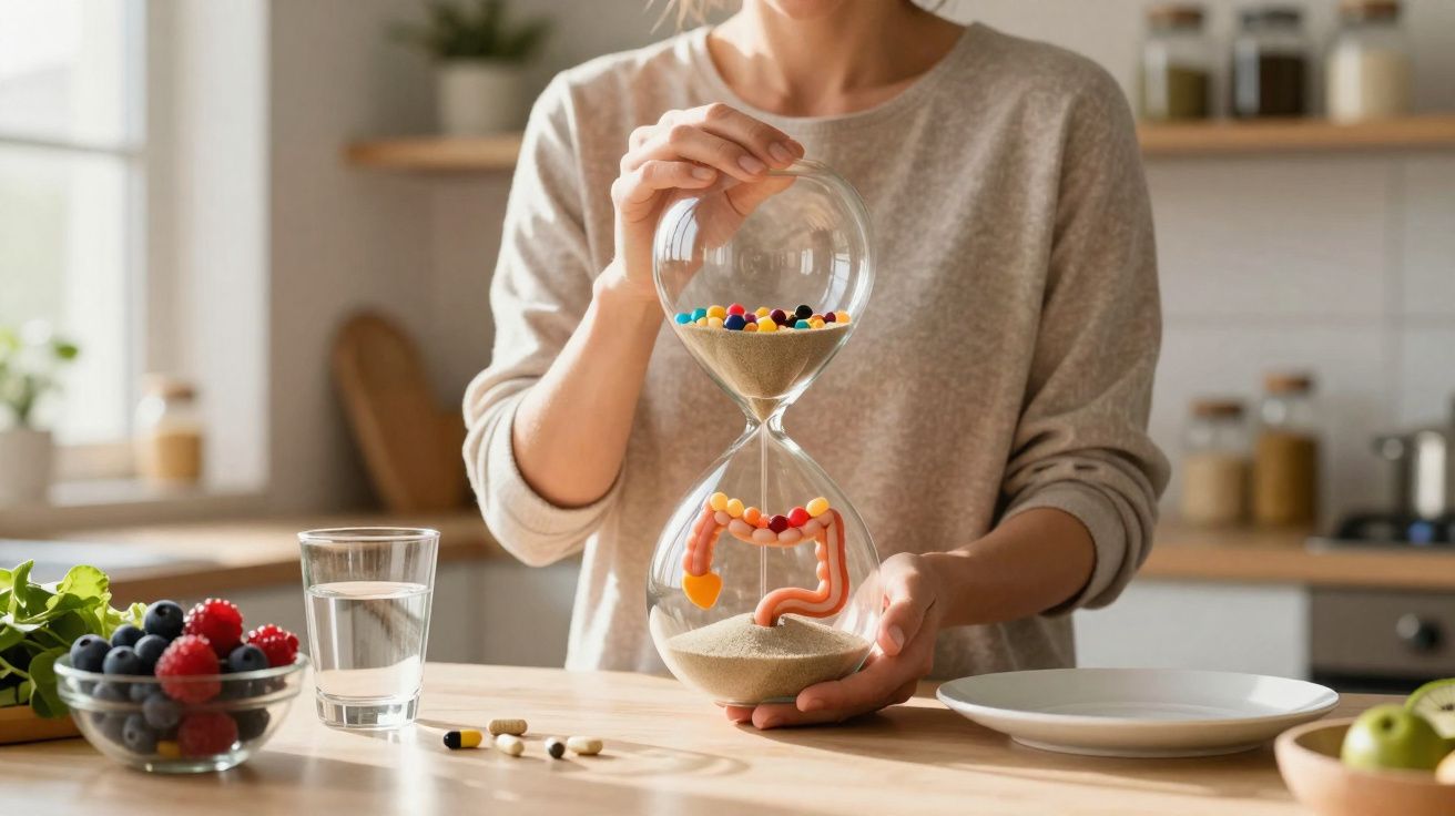 Pessoa segura ampulheta com areia e pílulas coloridas em cozinha com frutas e copo d'água.