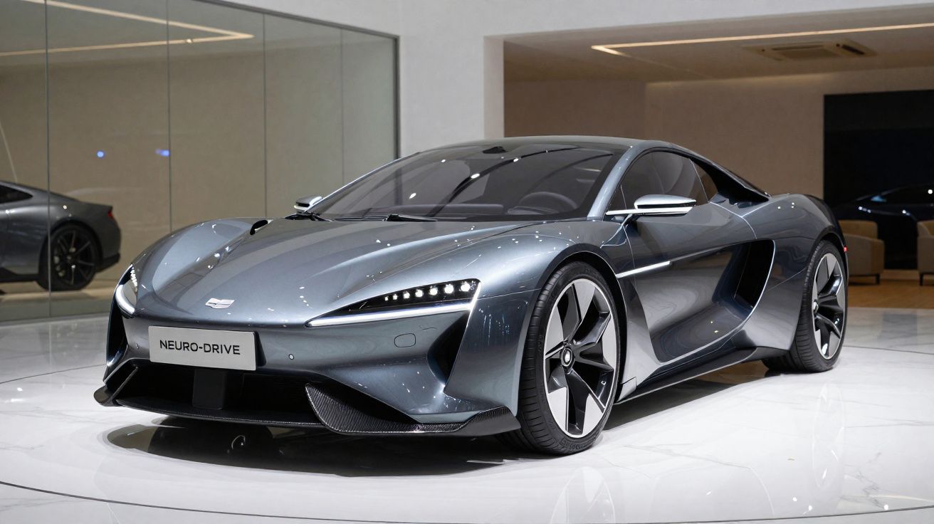 Carro esporte cinza metálico exposto em ambiente interno iluminado, com design aerodinâmico e rodas modernas.