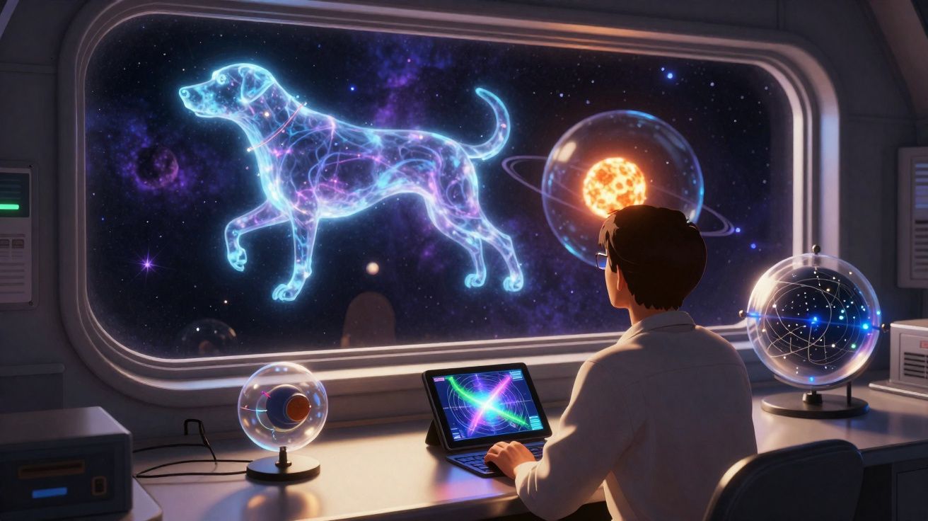 Pessoa observa constelação em forma de cachorro através de janela futurista em ambiente com equipamentos tecnológicos.