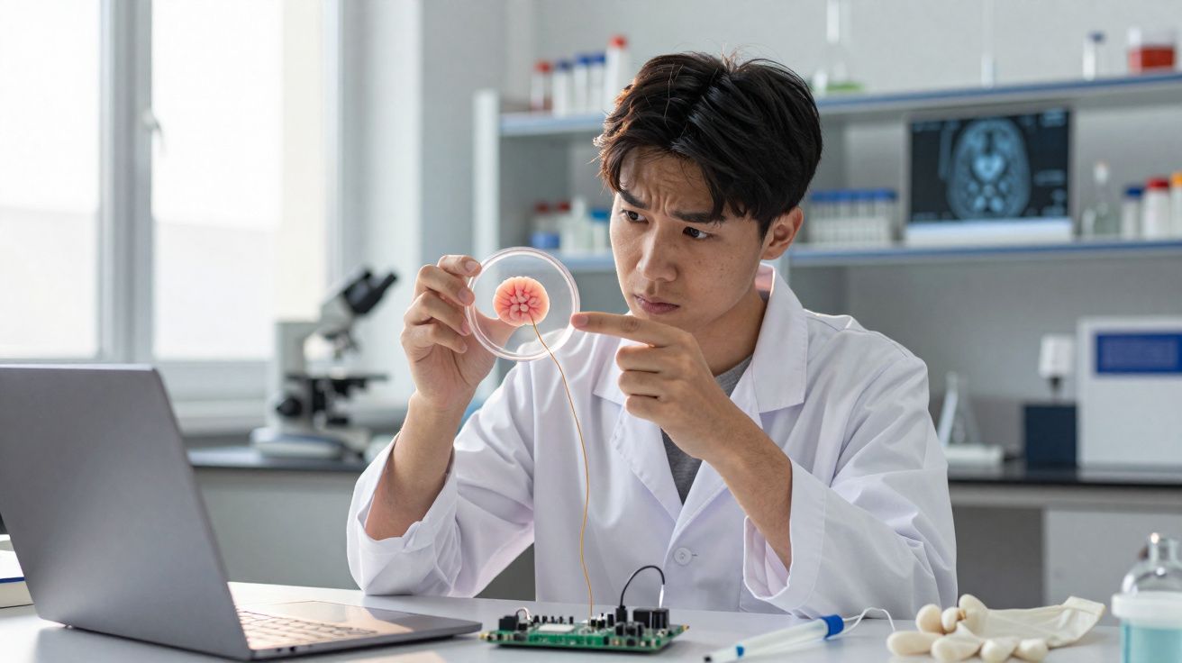 Cientista analisando cultura celular em placa de Petri em laboratório moderno com equipamentos ao fundo.