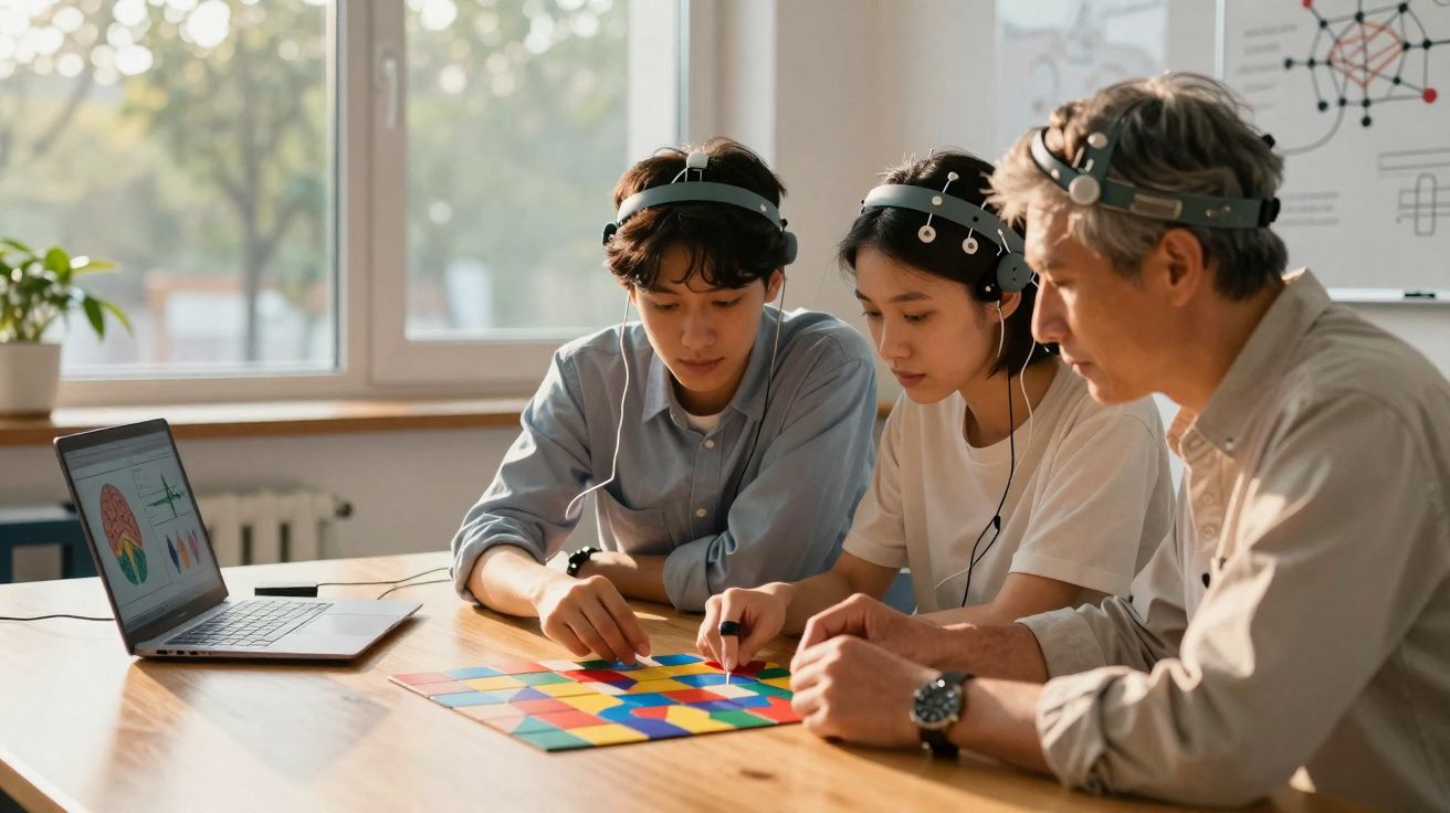 Três pessoas com sensores na cabeça fazem teste cognitivo com jogo de tabuleiro colorido em mesa próxima a laptop.