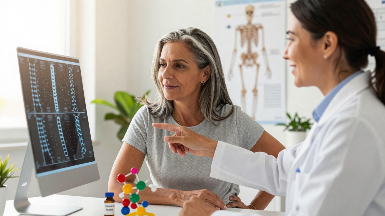 Médica explica exame de coluna para paciente adulta em consultório com modelo de molécula na mesa.
