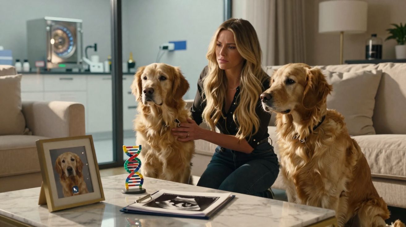 Mulher sentada com dois Golden Retrievers em sala com foto e modelo de DNA na mesa.