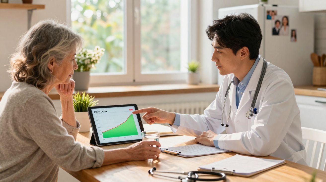 Médico mostra gráfico de saúde em tablet para paciente idosa durante consulta em ambiente iluminado e acolhedor.