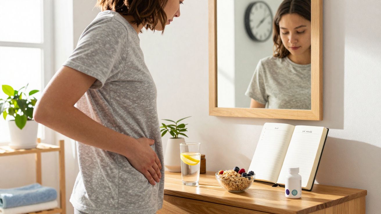 Mulher olhando para a barriga em frente a um espelho, com vaso, caderno, água e remédio sobre a cômoda.