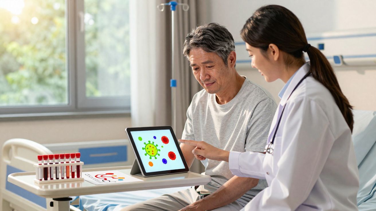 Paciente idoso sentado em hospital recebe explicação de médica sobre vírus mostrado em tablet.