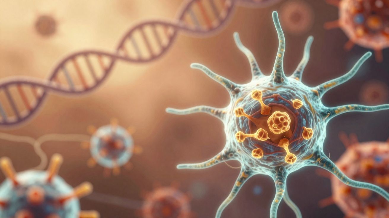 Ilustração de vírus com estrutura molecular ao fundo e cadeia de DNA desfocada.